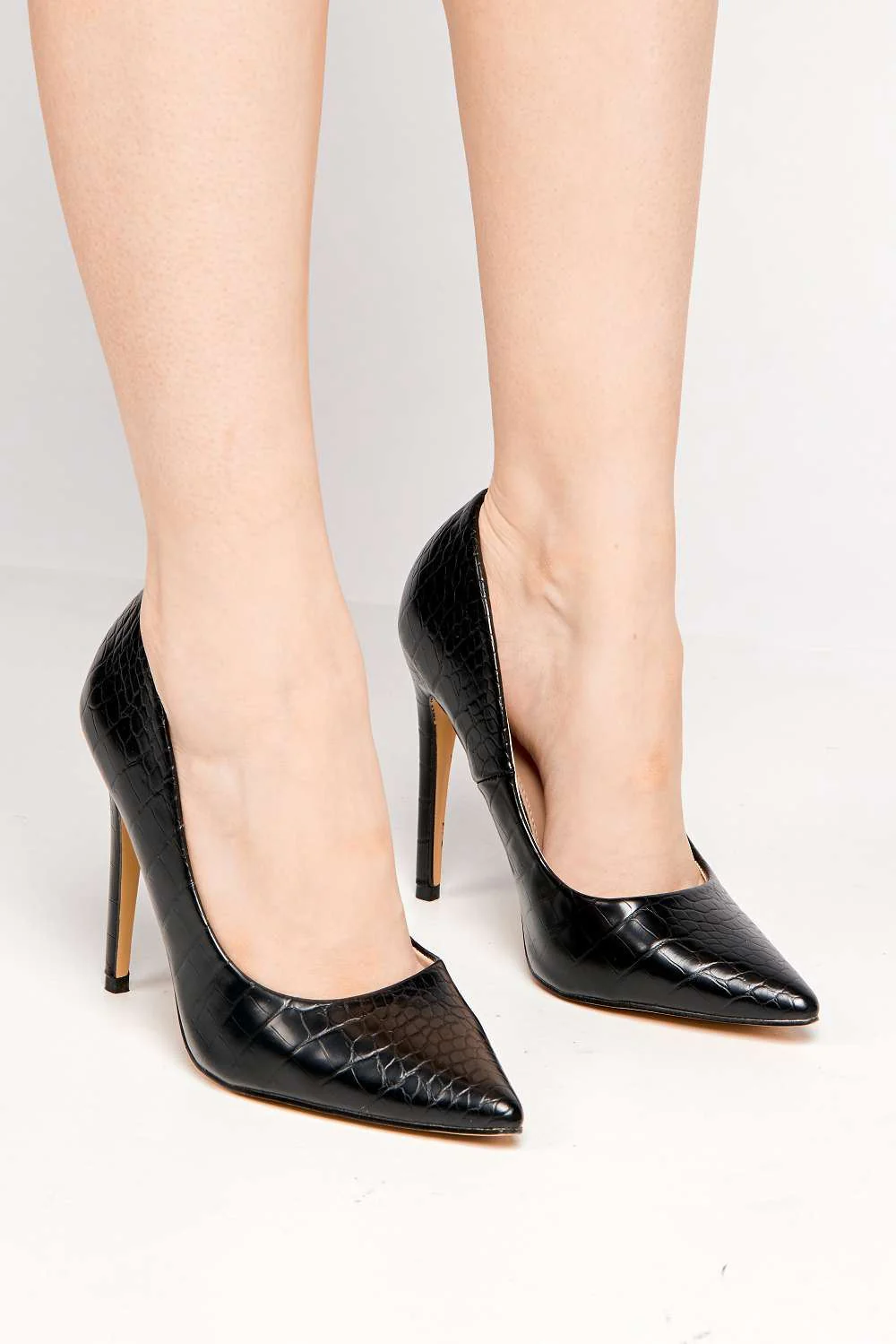Persia Pointed Toe Wide Fit High Heel Court Shoes in Black Croc - Image 3