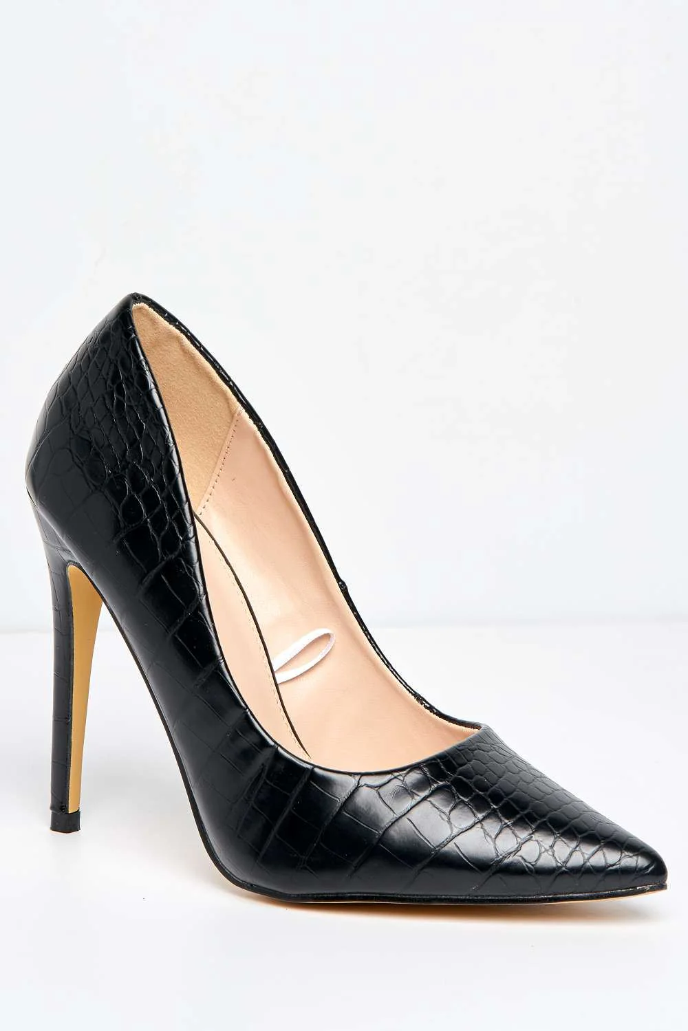 Persia Pointed Toe Wide Fit High Heel Court Shoes in Black Croc - Image 4