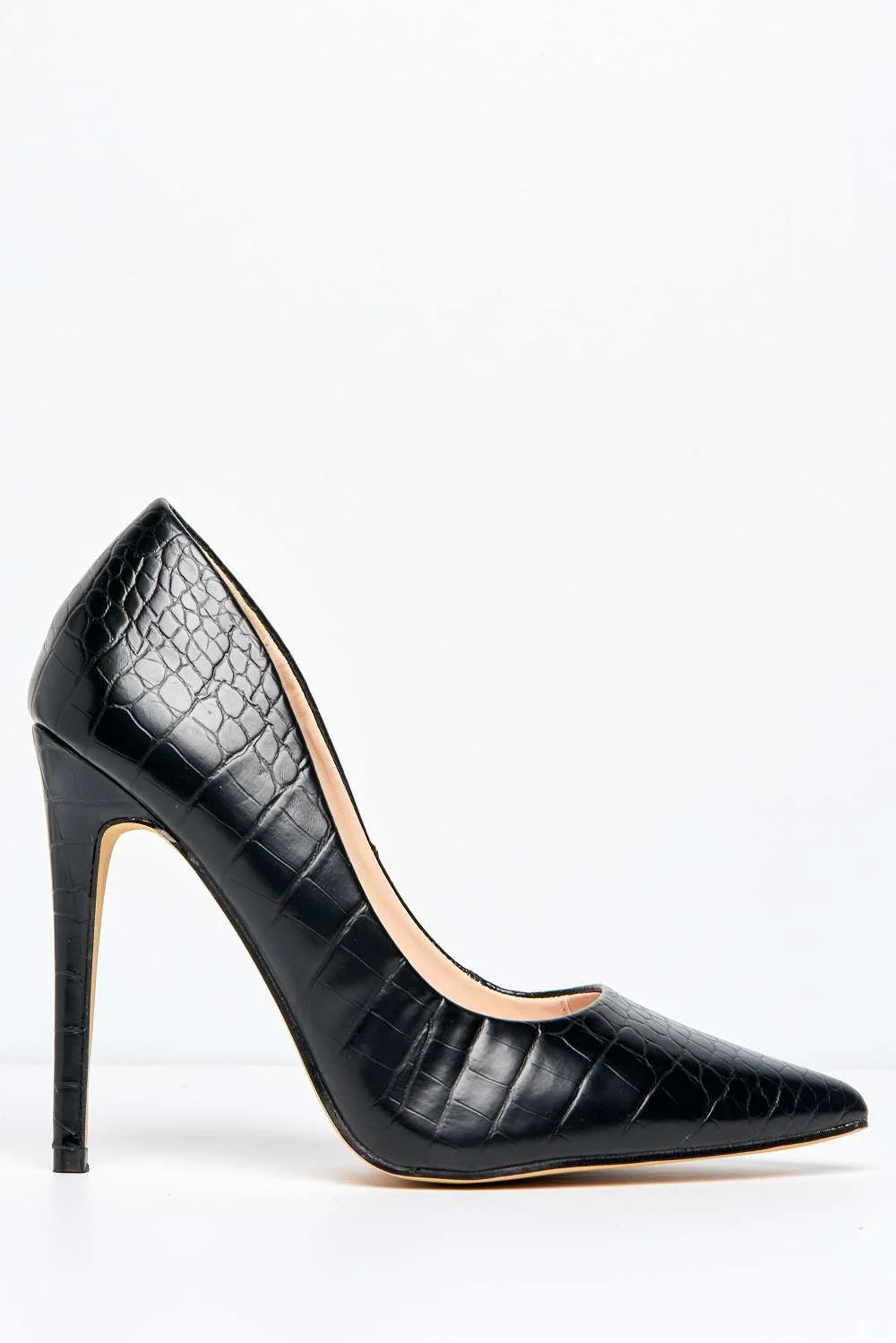 Persia Pointed Toe Wide Fit High Heel Court Shoes in Black Croc - Image 5