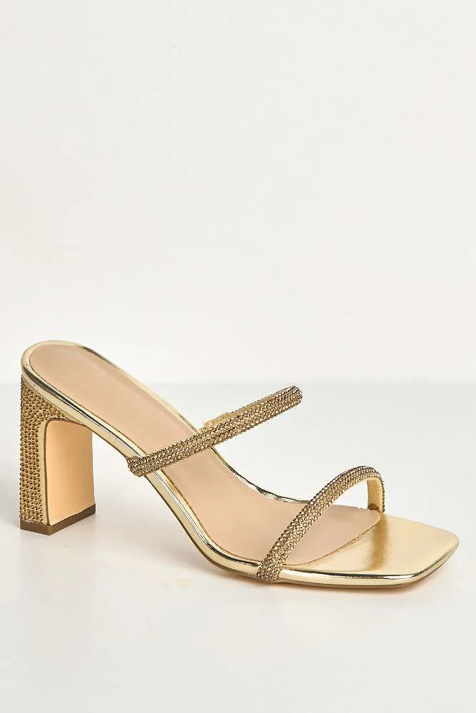 Pia 2 Diamante Strap & Flare Heel Mules in Gold - Image 4