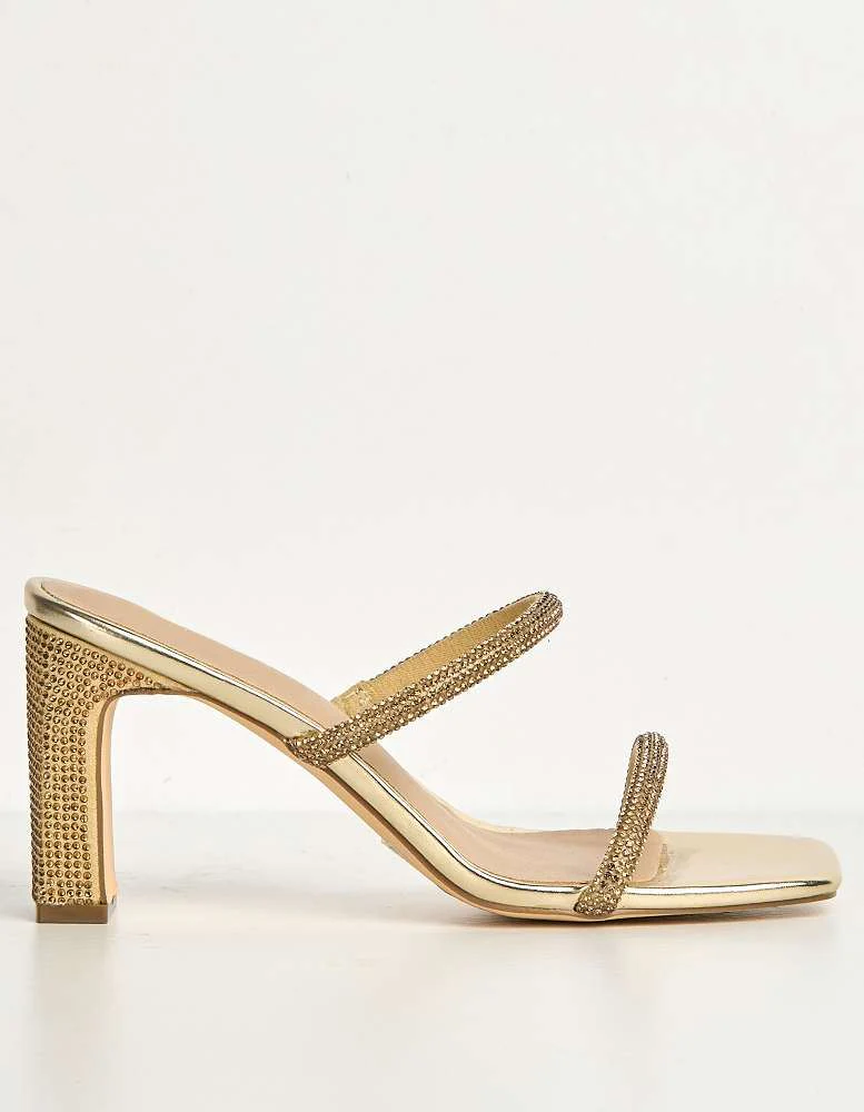 Pia 2 Diamante Strap & Flare Heel Mules in Gold - Image 6