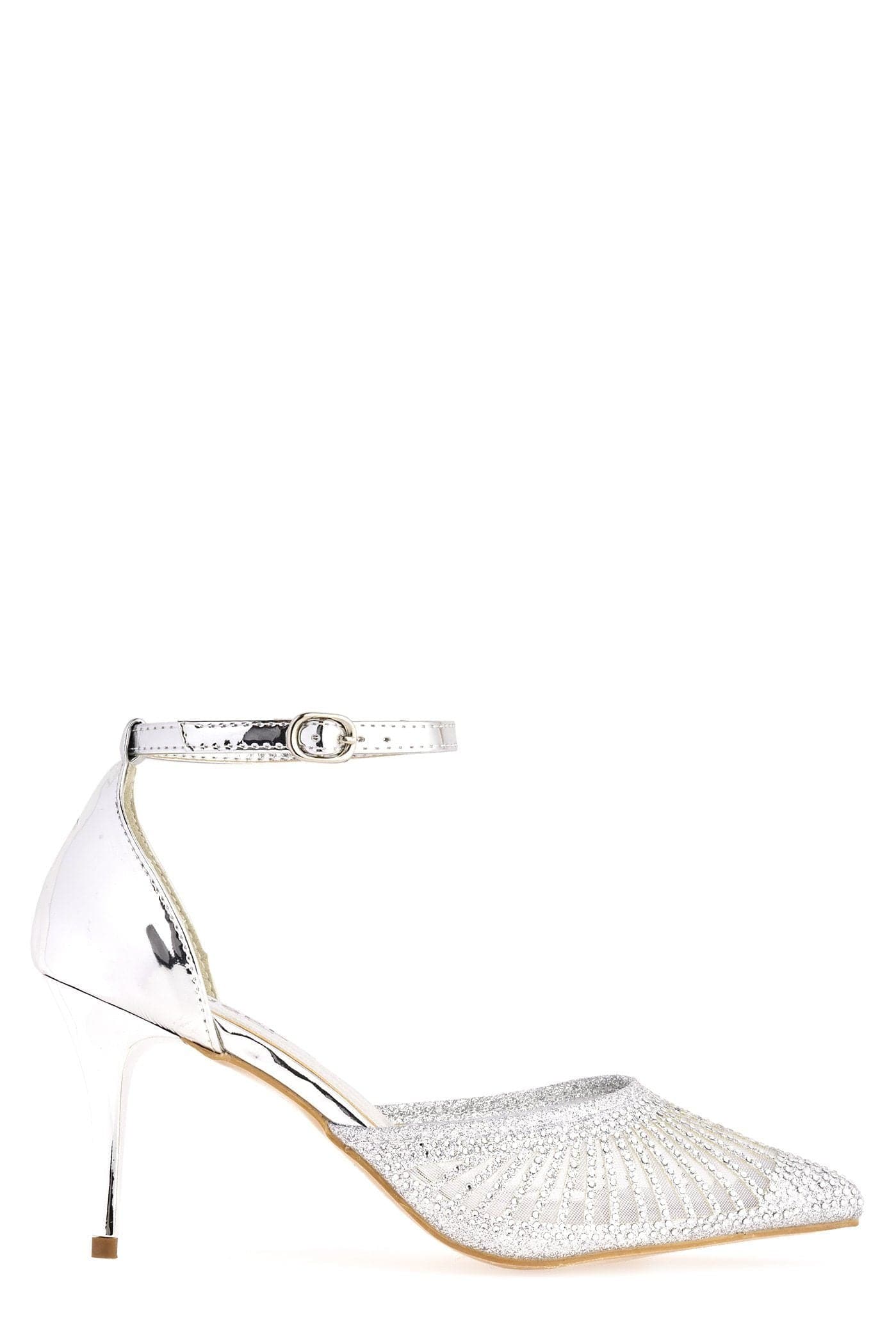 Singapore Mesh Diamante Ankle Strap Closed Toe High Metallic Heel In Silver - Image 4