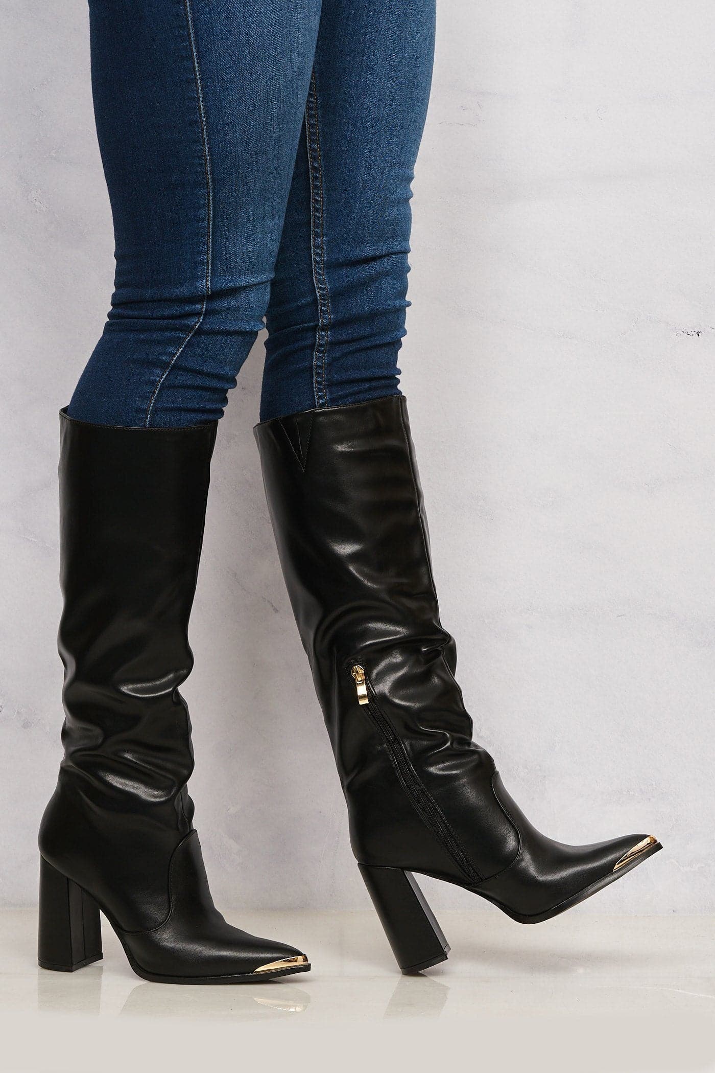 Deena Pointed Toe Gold Trim Knee High Boot in Black - Image 3