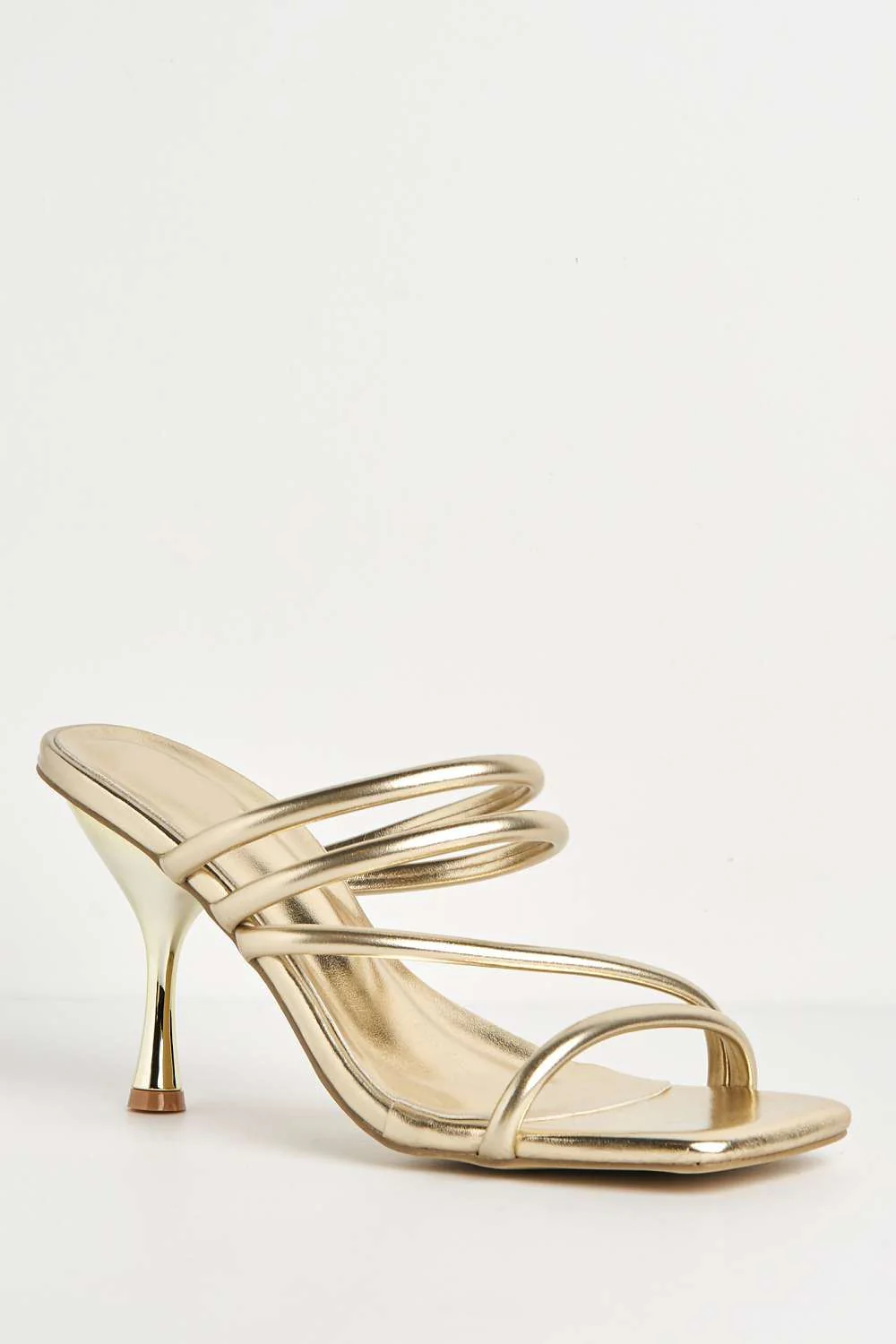 Preena Thin Strap Square Toe Heeled Mules in Gold - Image 4