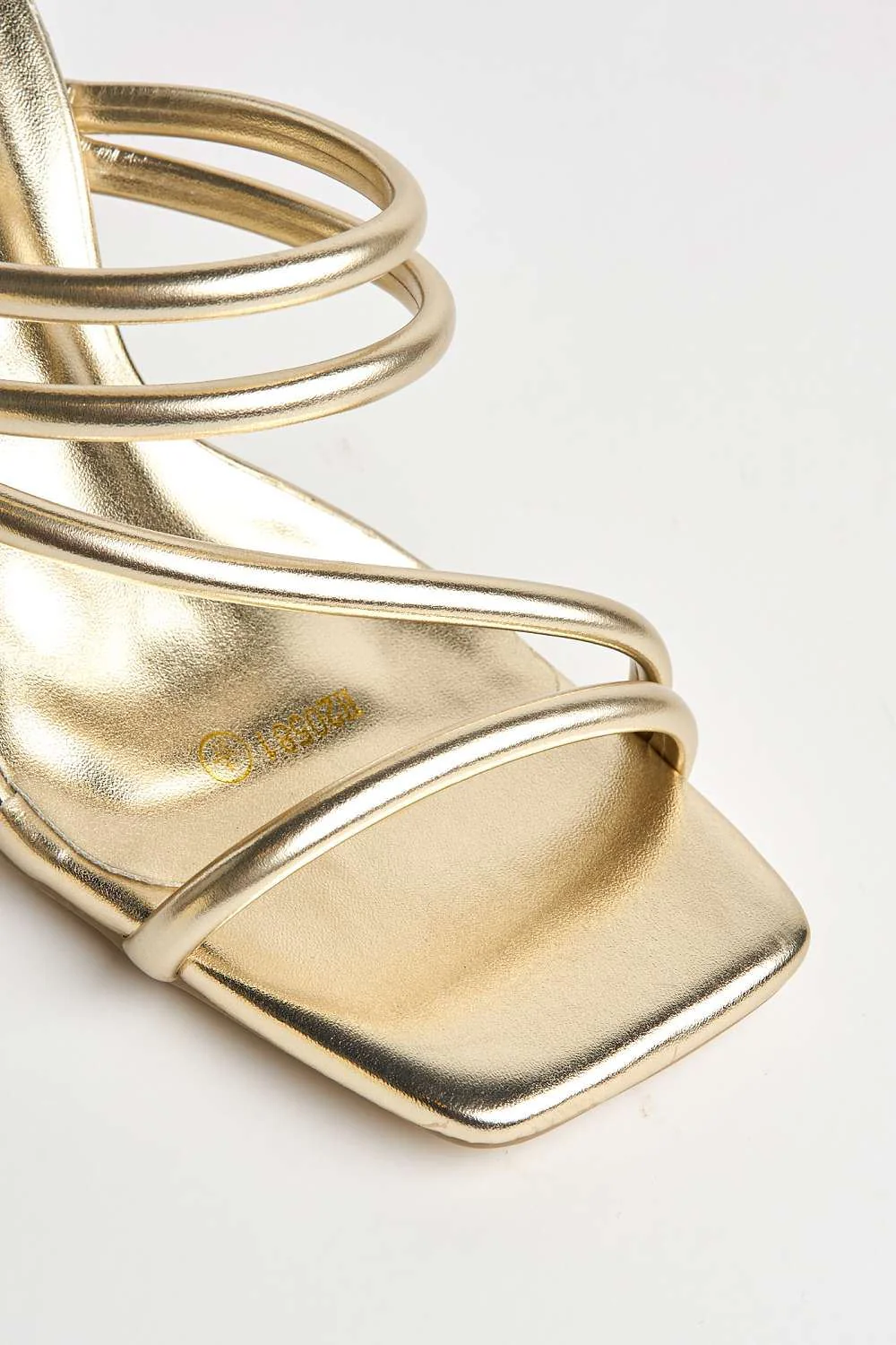 Preena Thin Strap Square Toe Heeled Mules in Gold - Image 6