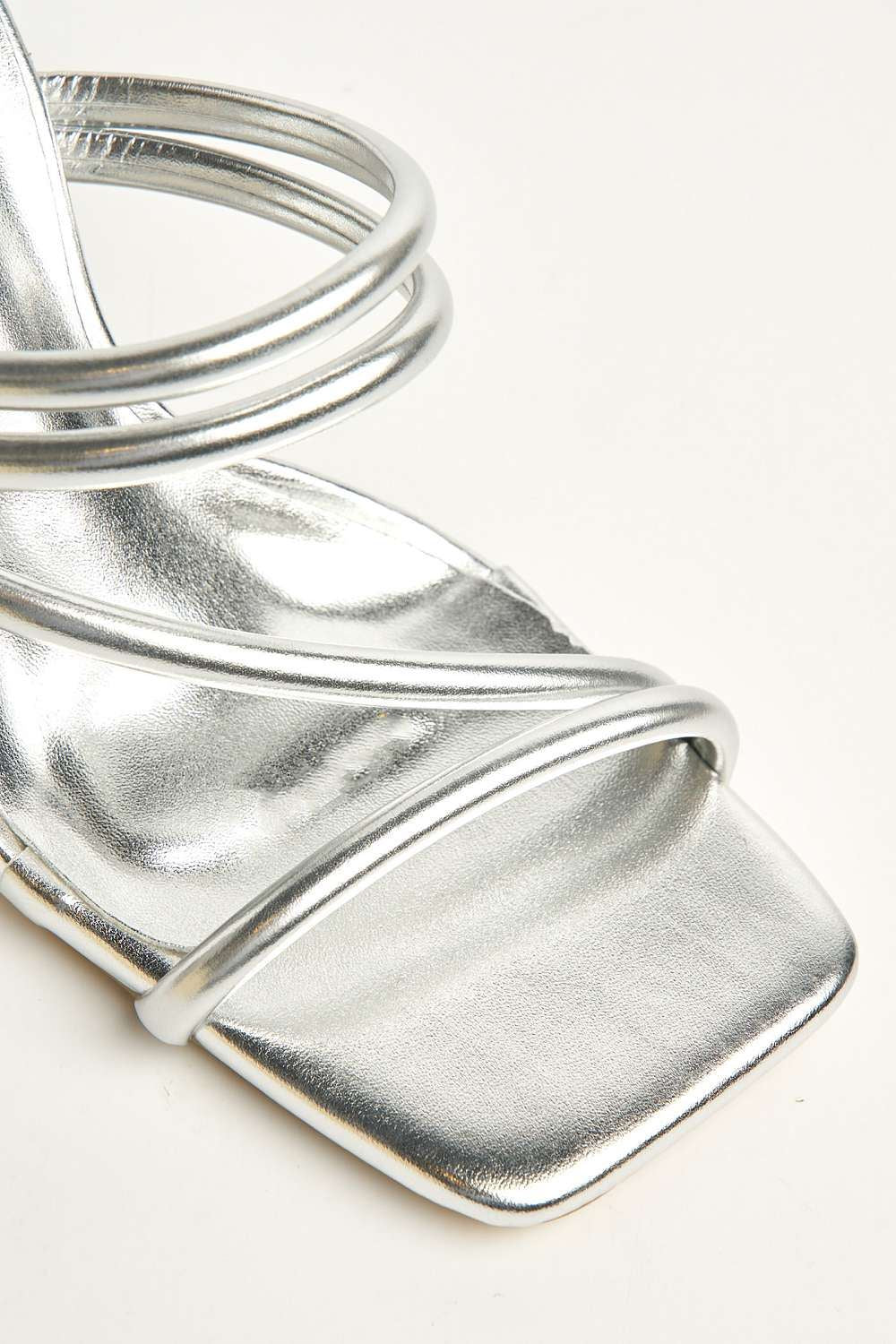 Preena Thin Strap Square Toe Heeled Mules in Silver - Image 6
