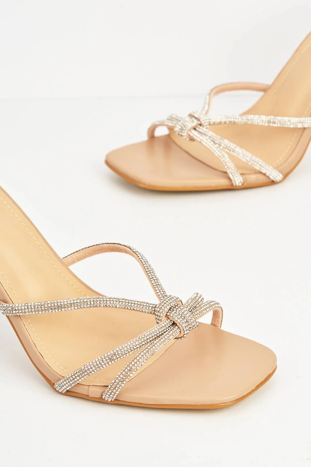 Rama Diamante Embellished Lace-up Heels with Knot Detail in Beige - Image 5