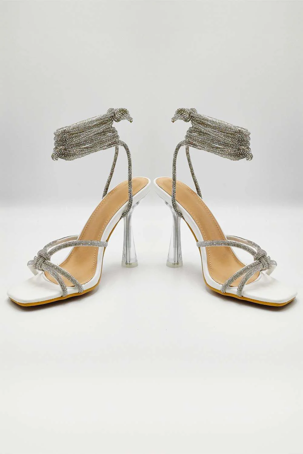 Rama Diamante Embellished Lace-up Heels with Knot Detail in White - Image 4