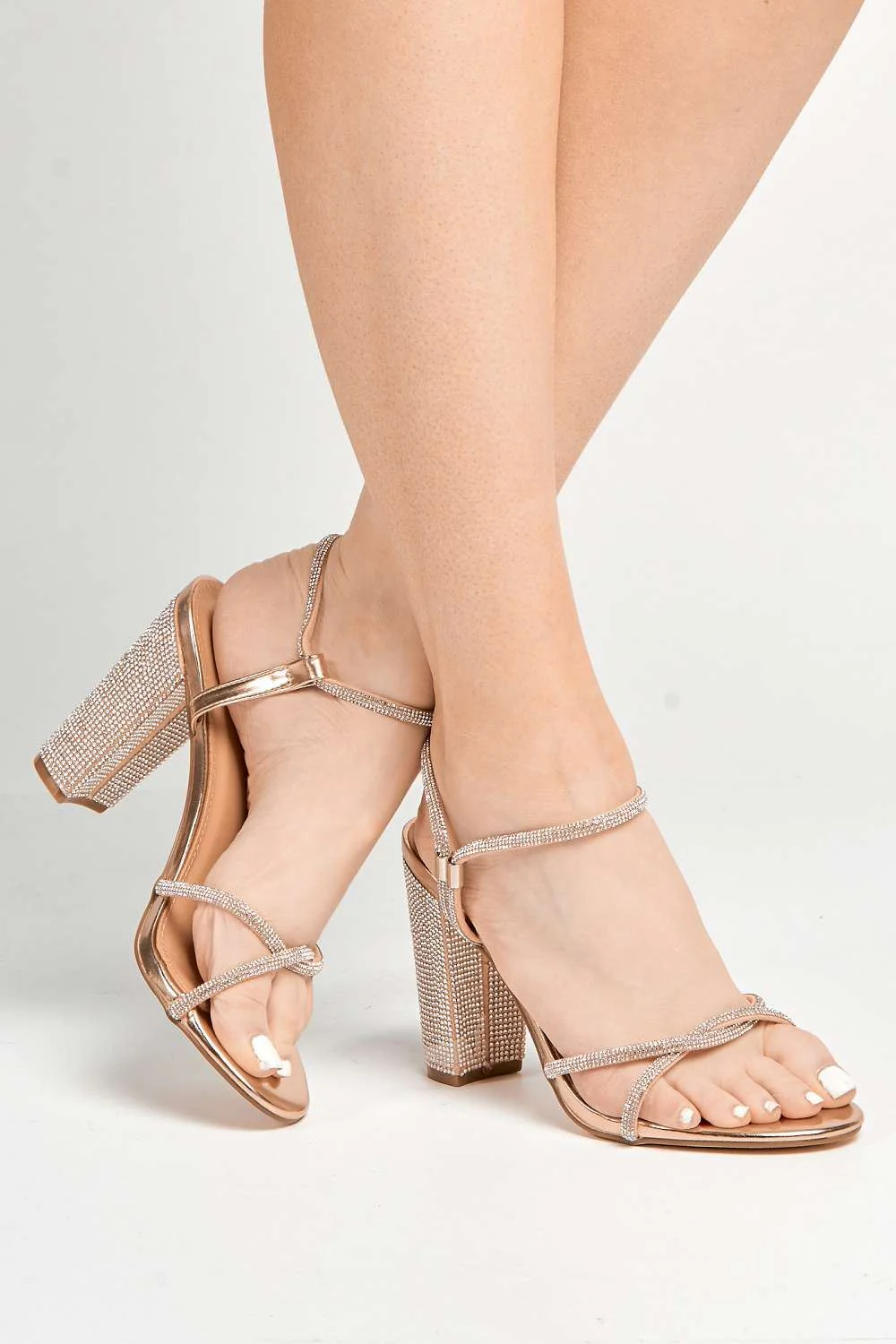 Rayah Diamante Embellished Block Heel Sandals in Rose Gold