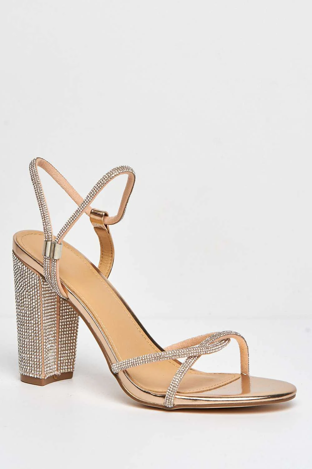 Rayah Diamante Embellished Block Heel Sandals in Rose Gold - Image 4