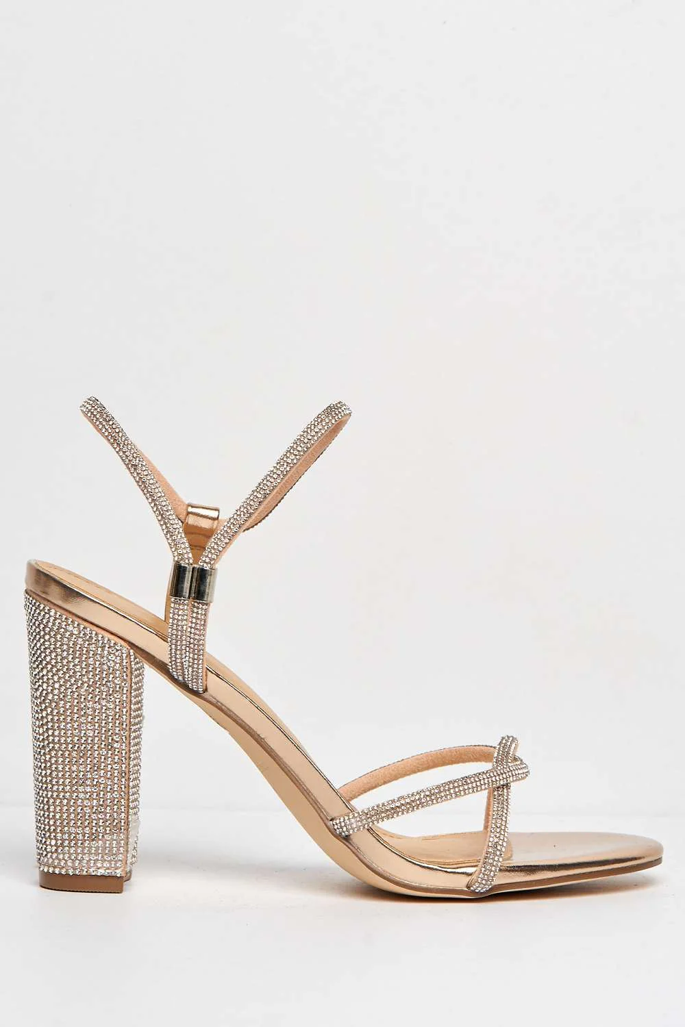 Rayah Diamante Embellished Block Heel Sandals in Rose Gold - Image 5