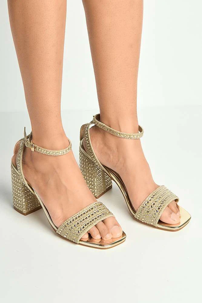 Rinesa Gemstone Encrusted Block Heel Anklestrap Sandals in Gold - Image 2