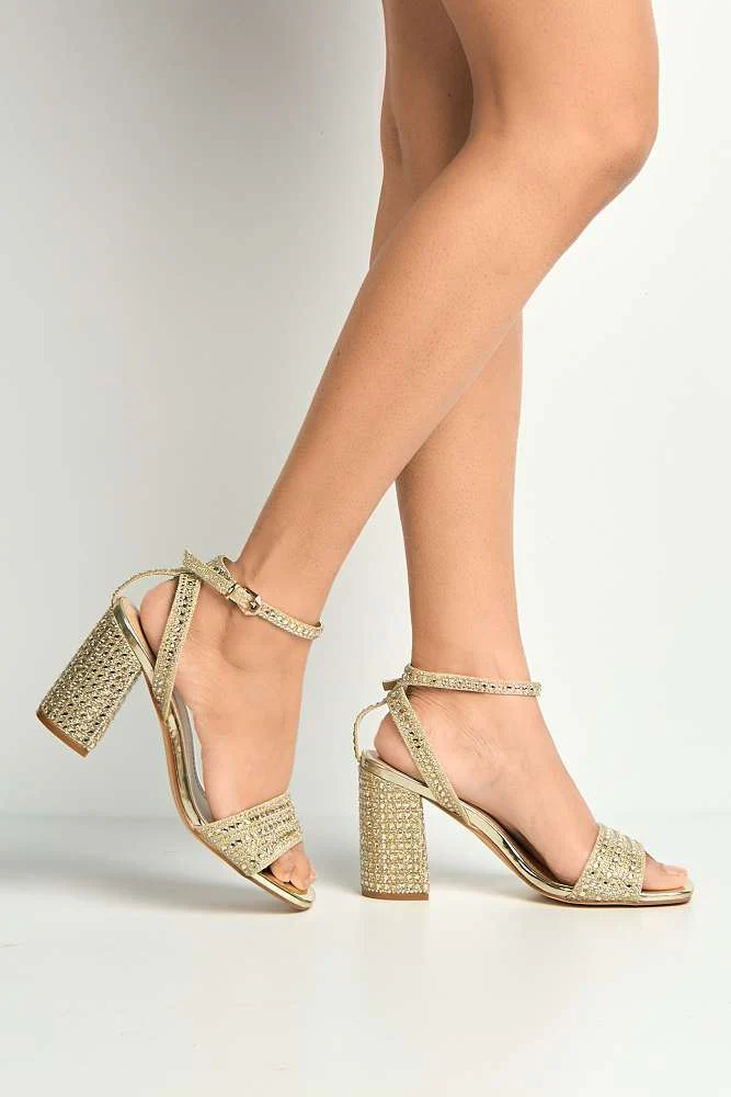 Rinesa Gemstone Encrusted Block Heel Anklestrap Sandals in Gold - Image 3