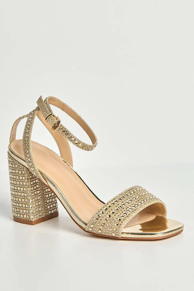 Rinesa Gemstone Encrusted Block Heel Anklestrap Sandals in Gold - Image 4