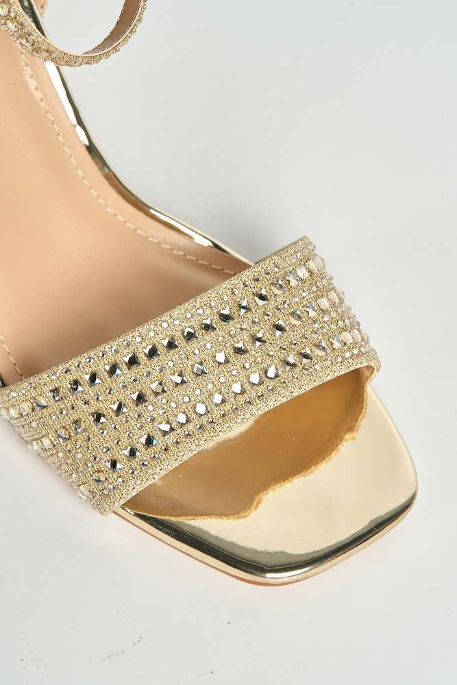 Rinesa Gemstone Encrusted Block Heel Anklestrap Sandals in Gold - Image 5