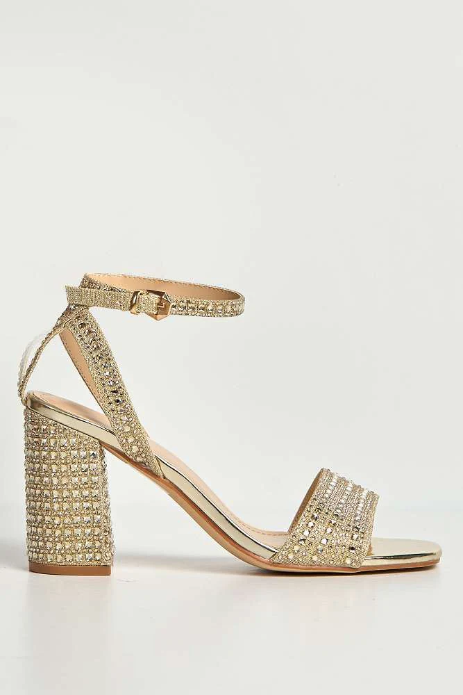 Rinesa Gemstone Encrusted Block Heel Anklestrap Sandals in Gold - Image 6