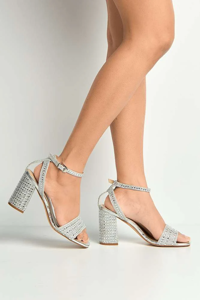 Rinesa Gemstone Encrusted Block Heel Anklestrap Sandals in Silver - Image 3
