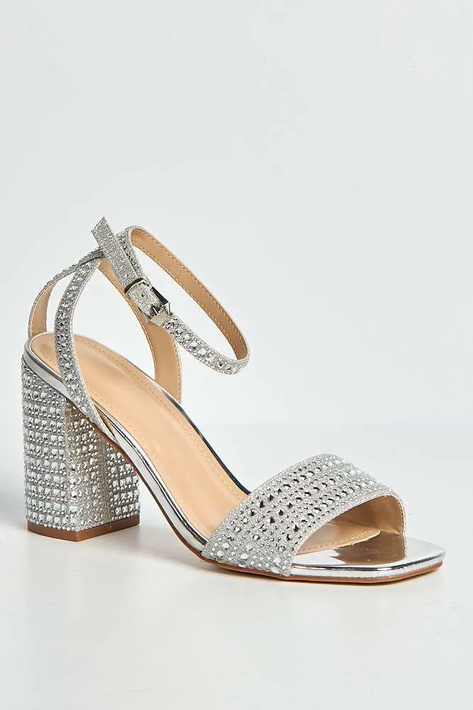 Rinesa Gemstone Encrusted Block Heel Anklestrap Sandals in Silver - Image 4