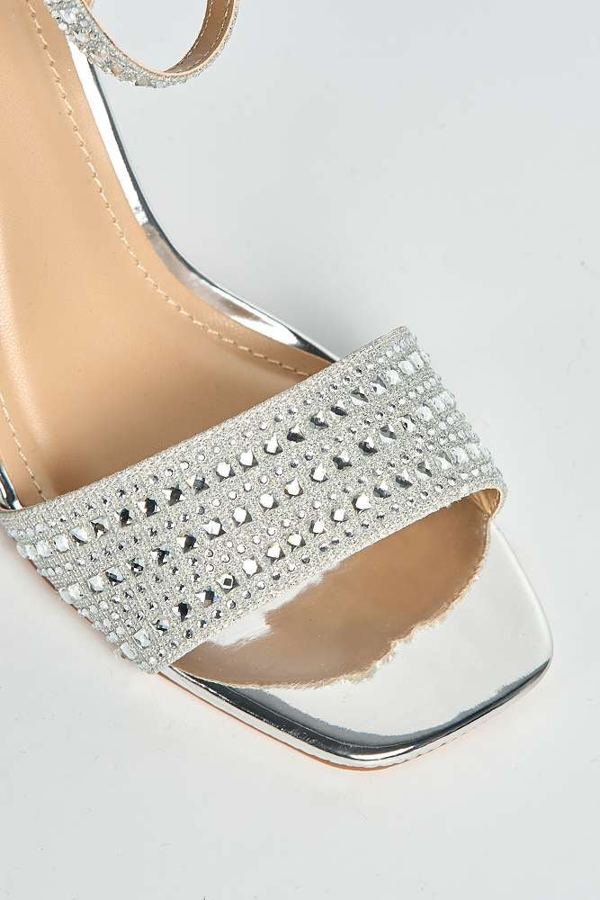 Rinesa Gemstone Encrusted Block Heel Anklestrap Sandals in Silver - Image 5
