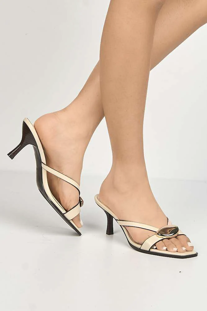 Riona Gold Pebble Detail Slip On Kitten Heel Mules in Cream - Image 2