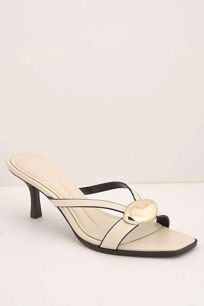 Riona Gold Pebble Detail Slip On Kitten Heel Mules in Cream - Image 4