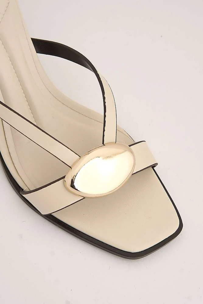 Riona Gold Pebble Detail Slip On Kitten Heel Mules in Cream - Image 5