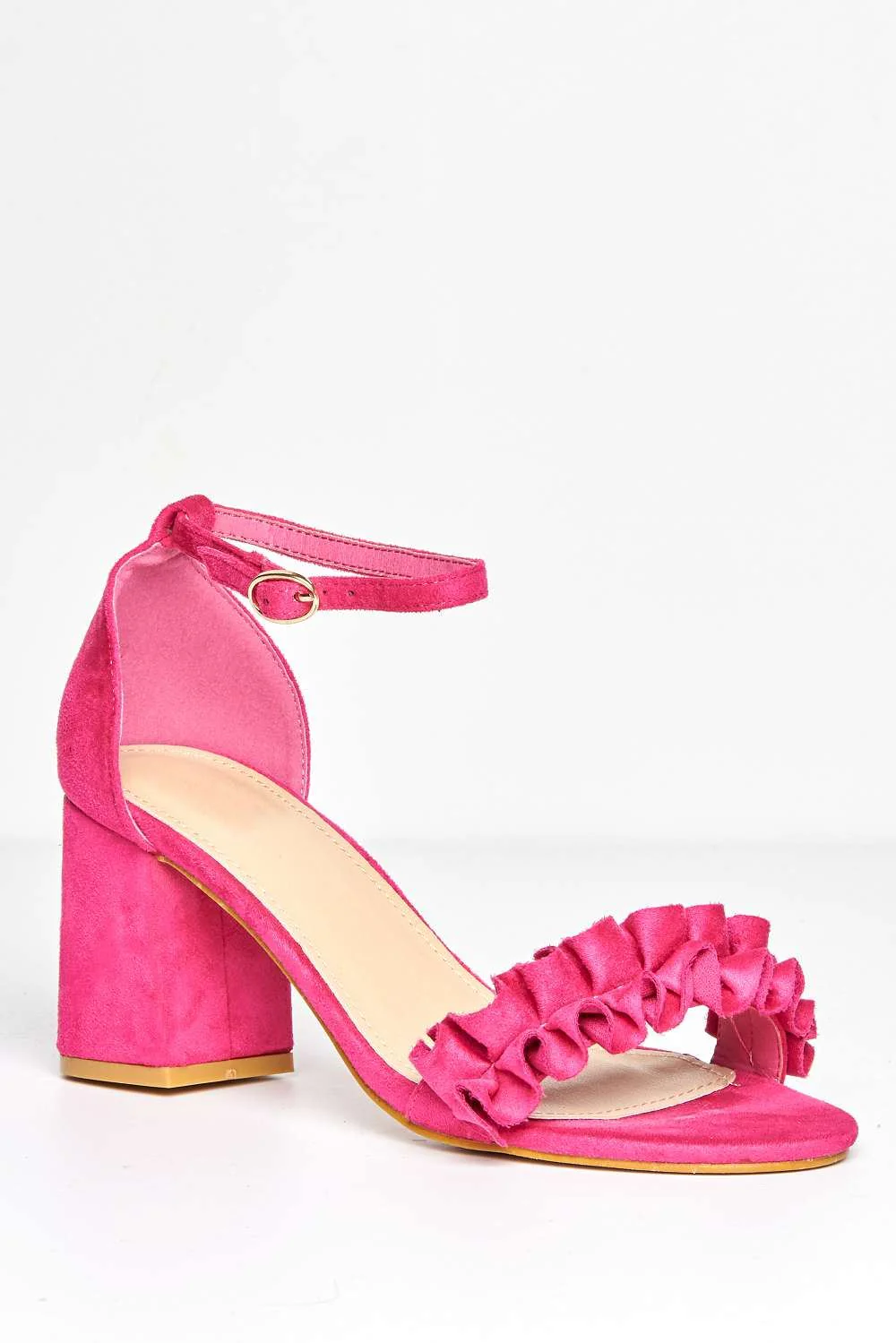 Rita Frill Detail Block Heel Ankle Strap Sandals in Fuchsia Suede - Image 4