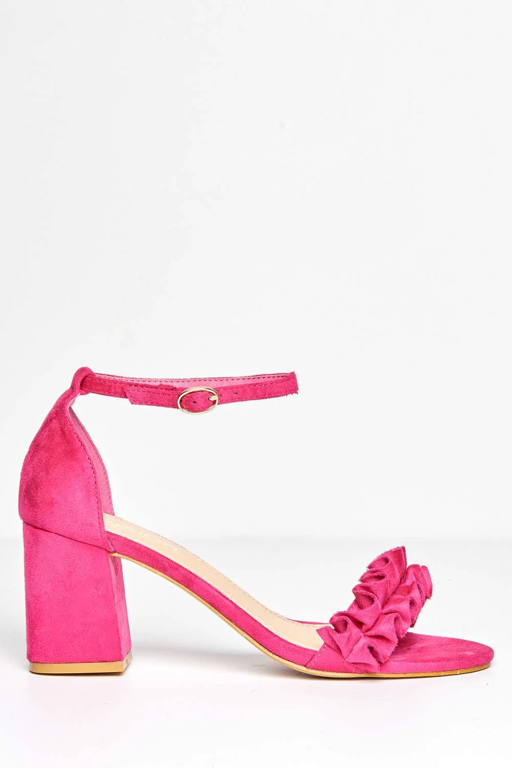 Rita Frill Detail Block Heel Ankle Strap Sandals in Fuchsia Suede - Image 5