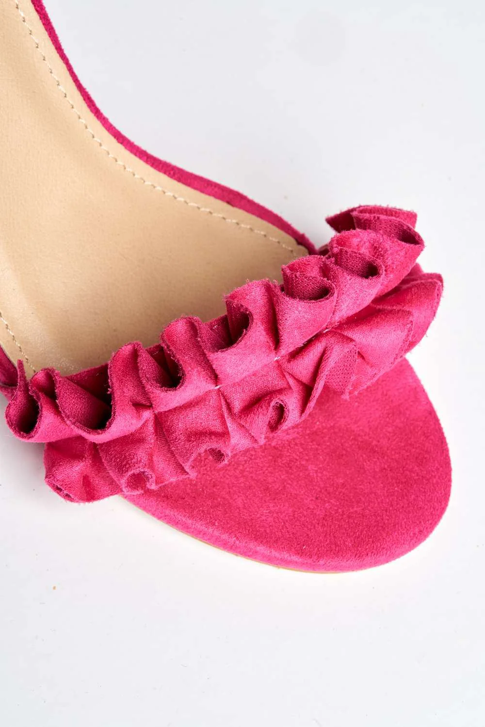 Rita Frill Detail Block Heel Ankle Strap Sandals in Fuchsia Suede - Image 6