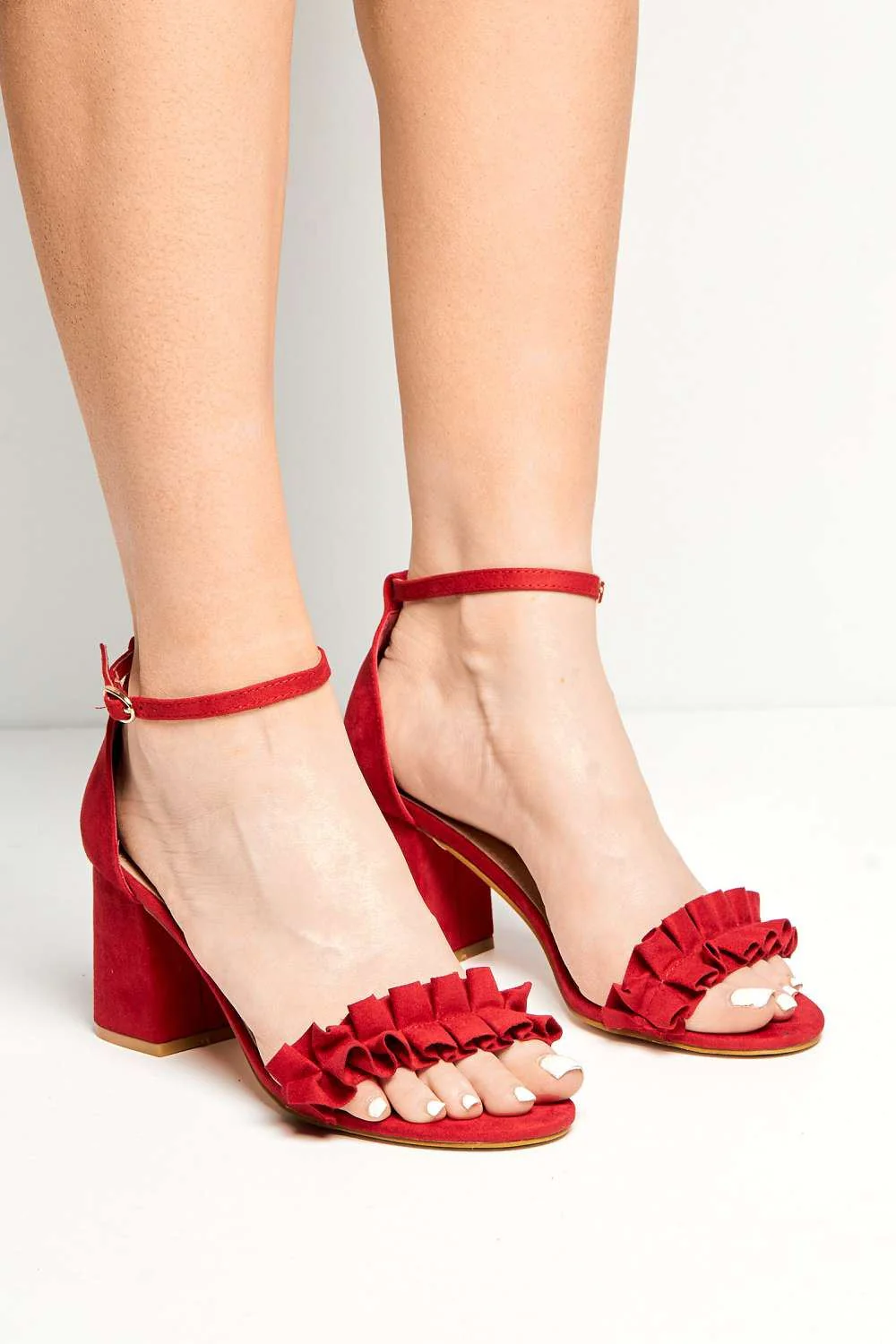 Rita Frill Detail Block Heel Ankle Strap Sandals in Red Suede