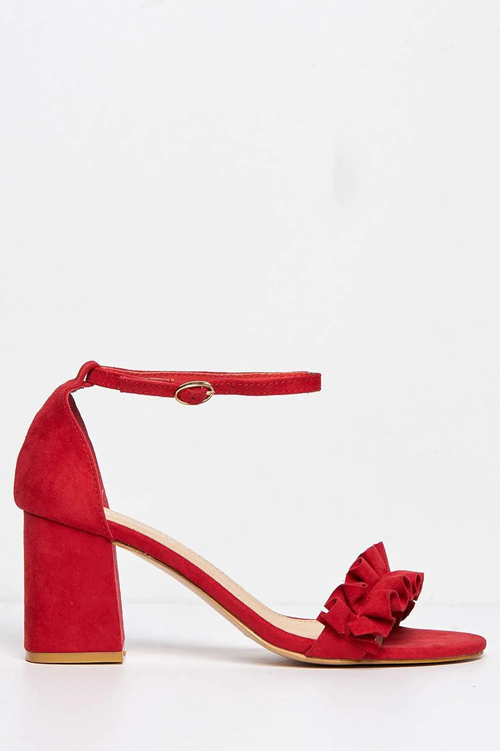 Rita Frill Detail Block Heel Ankle Strap Sandals in Red Suede - Image 5