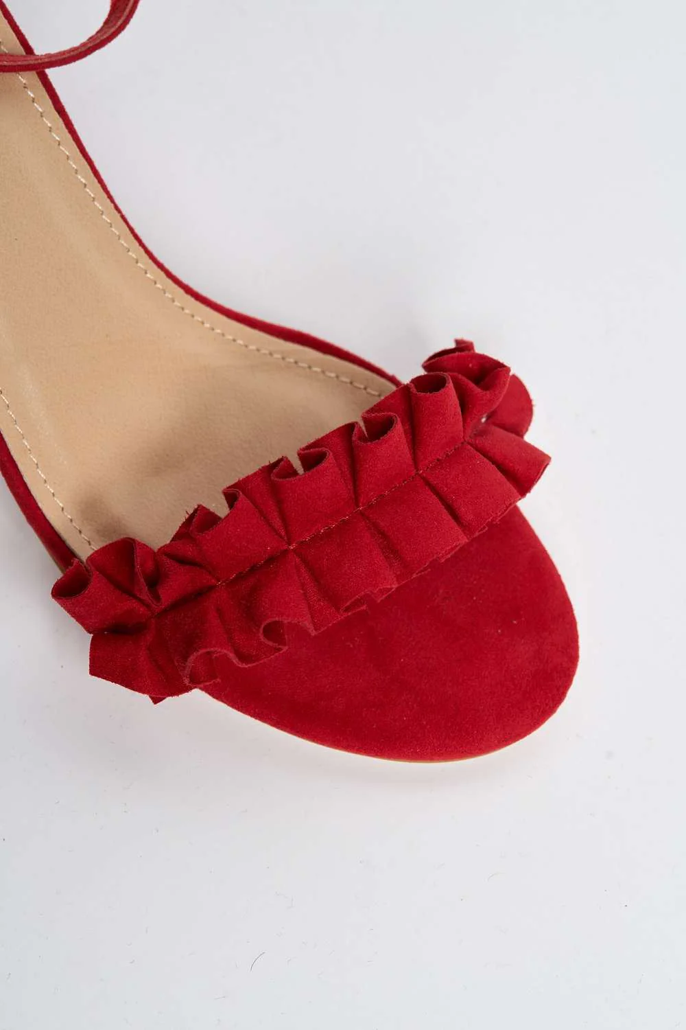 Rita Frill Detail Block Heel Ankle Strap Sandals in Red Suede - Image 6