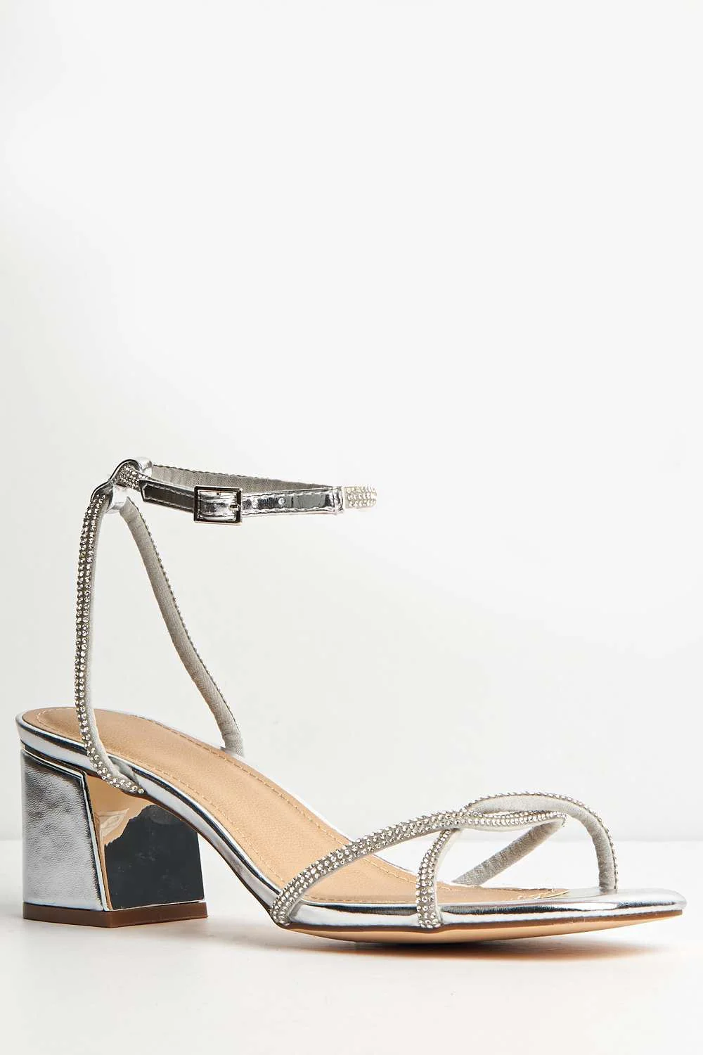 Rivie Diamante Embellished Wide Fit Block Heel Sandals in Silver - Image 4