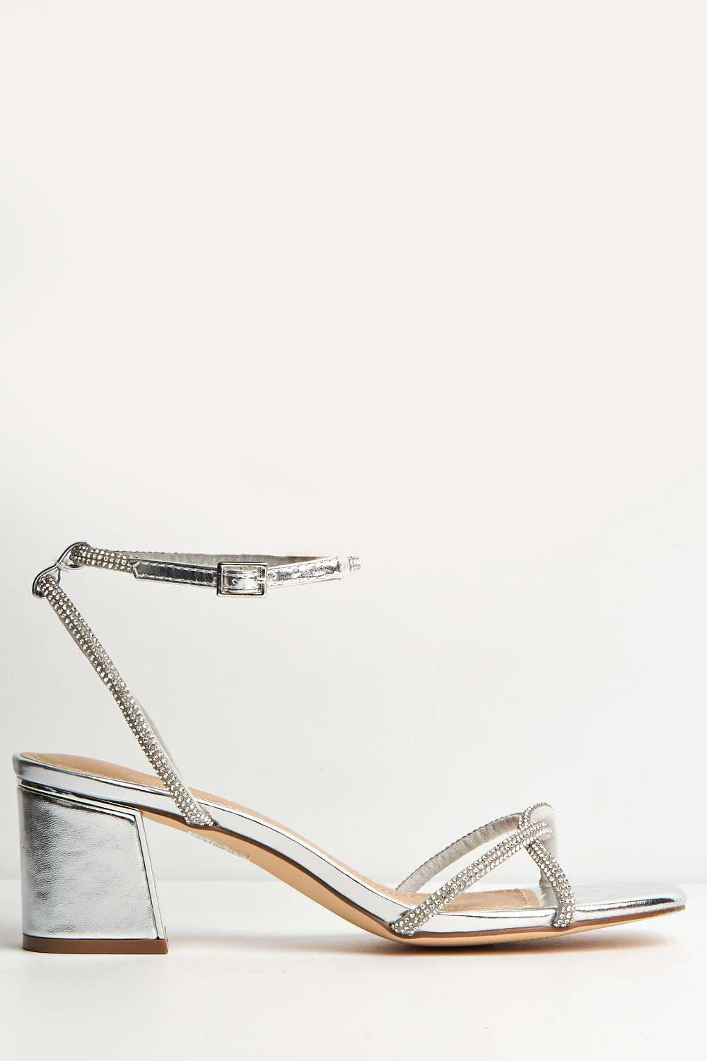 Rivie Diamante Embellished Wide Fit Block Heel Sandals in Silver - Image 5