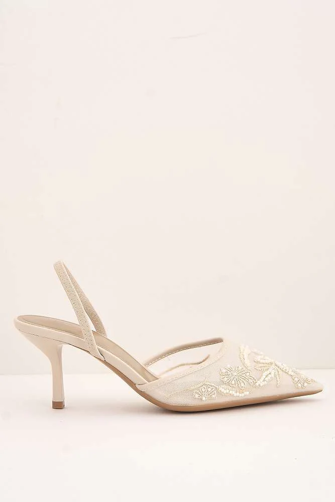 Romina Bead Embellished Mesh Slingback Court Shoes in Beige - Image 6