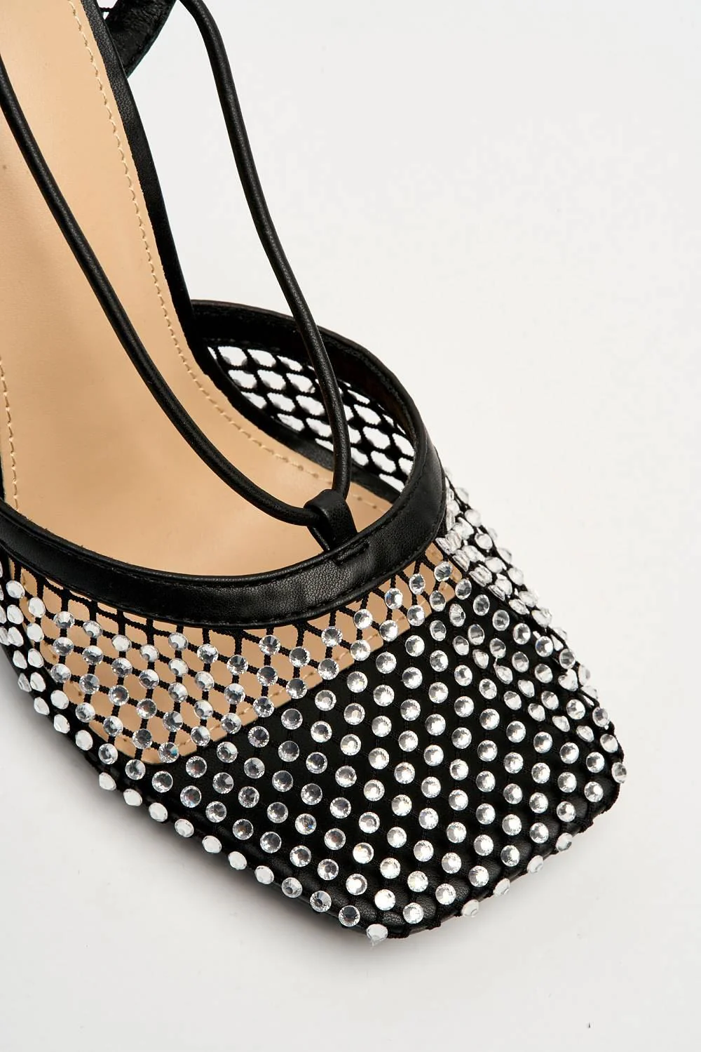 Rosalyn Mesh & Gemstone Detail Lace-up Heel in Black - Image 7