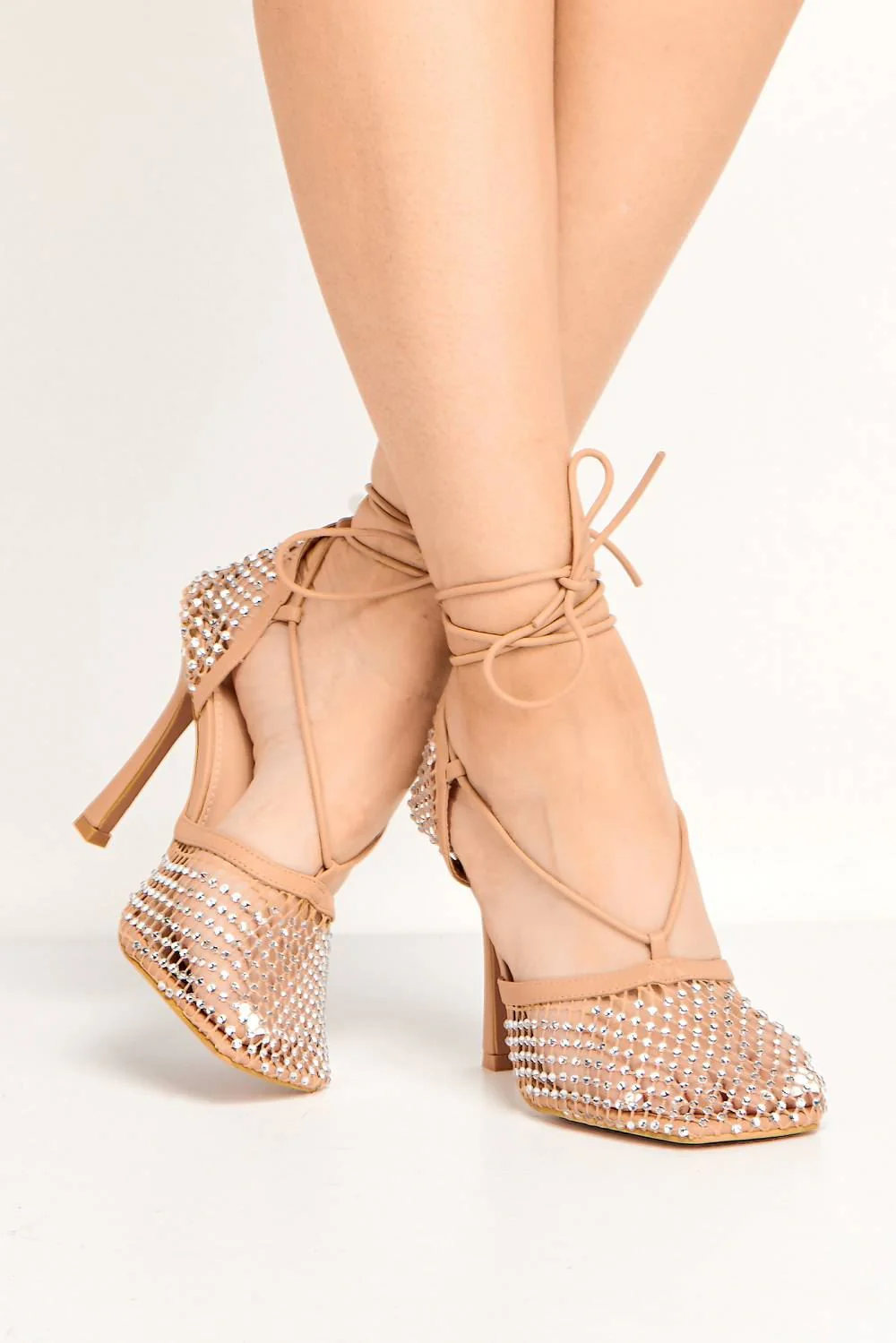 Rosalyn Mesh & Gemstone Detail Lace-up Heel in Tan - Image 4