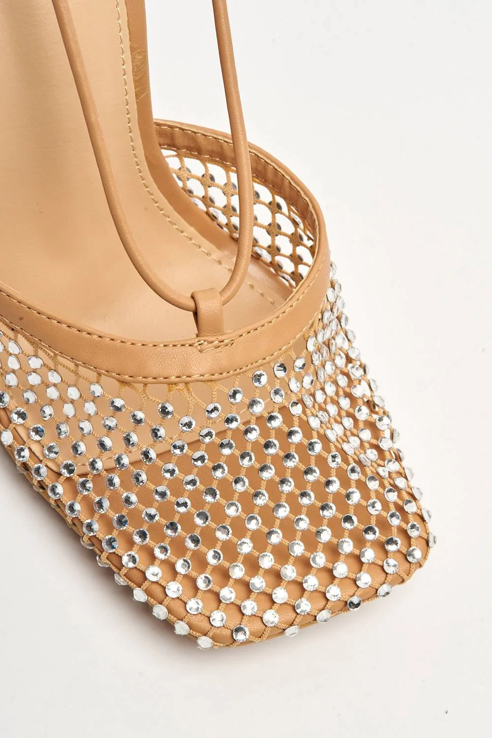 Rosalyn Mesh & Gemstone Detail Lace-up Heel in Tan - Image 7