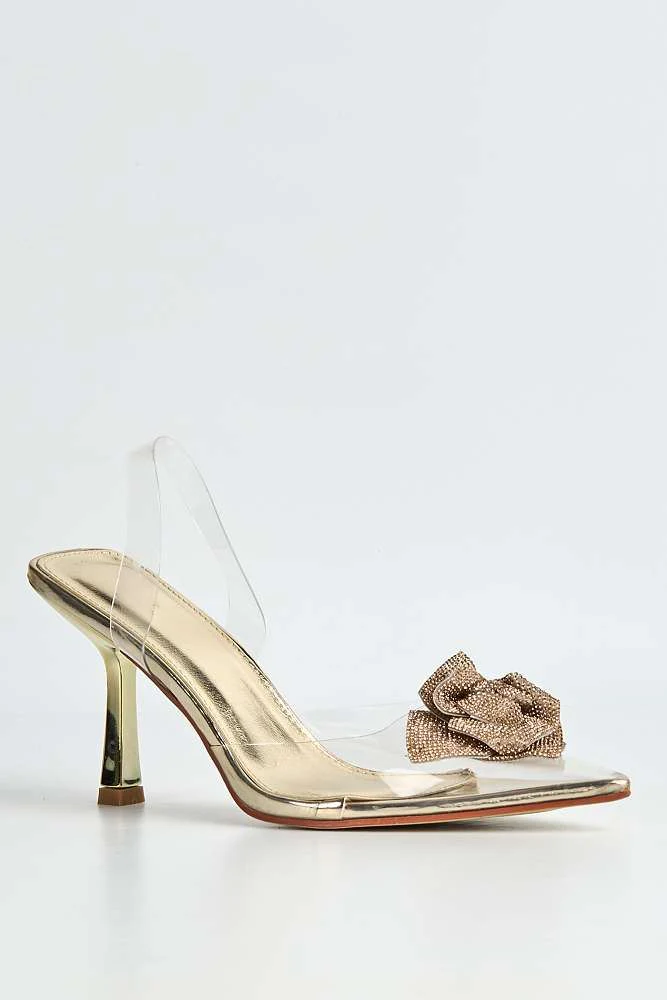 Rosela Diamante Rose Detail Pointed Toe Perspex Heels in Gold - Image 4