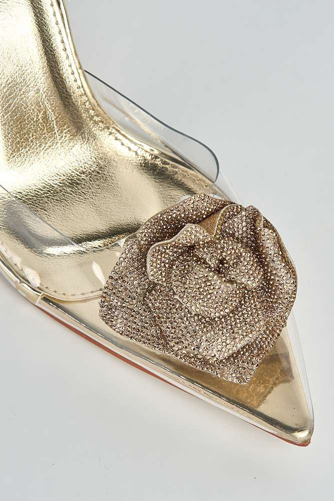 Rosela Diamante Rose Detail Pointed Toe Perspex Heels in Gold - Image 5