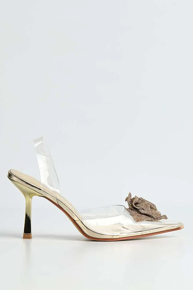 Rosela Diamante Rose Detail Pointed Toe Perspex Heels in Gold - Image 6