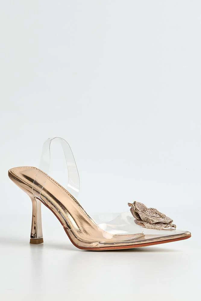 Rosela Diamante Rose Detail Pointed Toe Perspex Heels in Rose Gold - Image 4