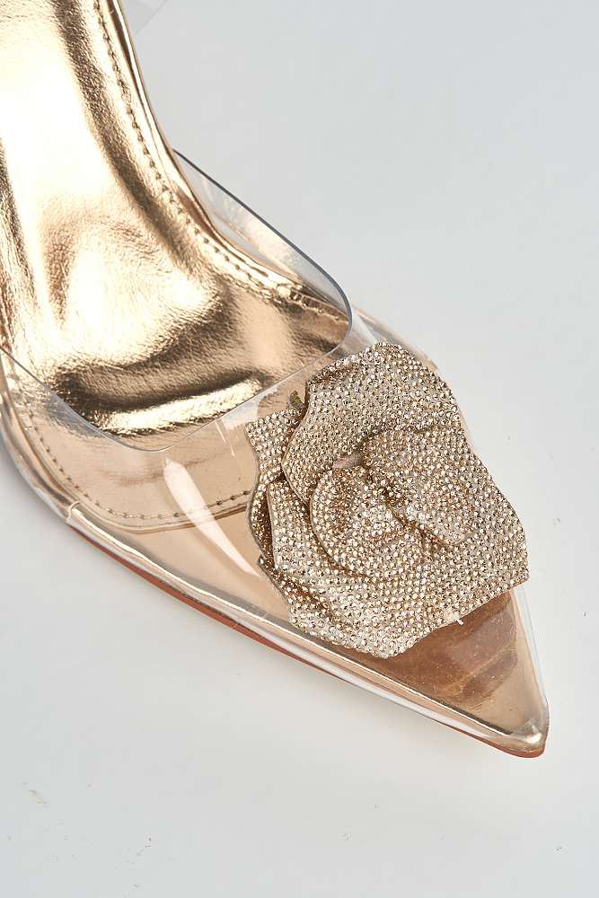 Rosela Diamante Rose Detail Pointed Toe Perspex Heels in Rose Gold - Image 5