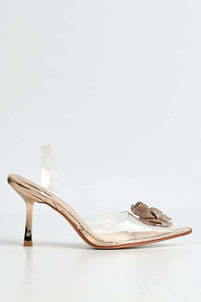 Rosela Diamante Rose Detail Pointed Toe Perspex Heels in Rose Gold - Image 6