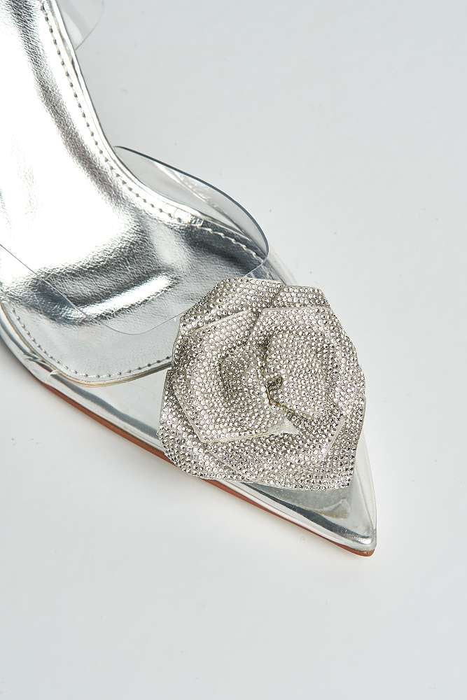 Rosela Diamante Rose Detail Pointed Toe Perspex Heels in Silver - Image 5
