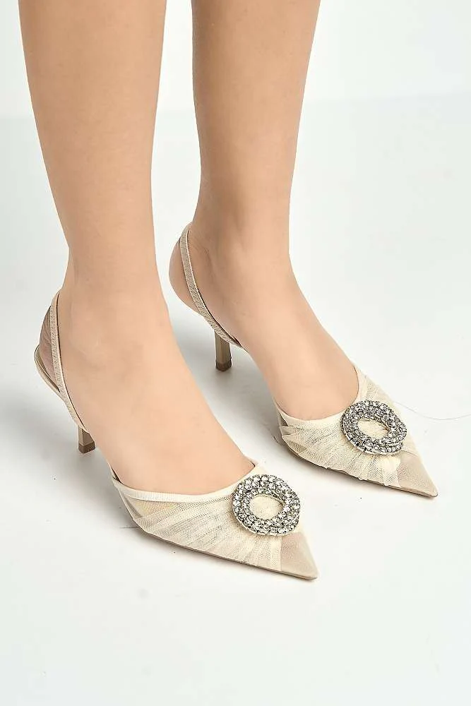 Rosetta Diamante Brooch Mesh Pointed Toe Court Slingback Heels in Beige