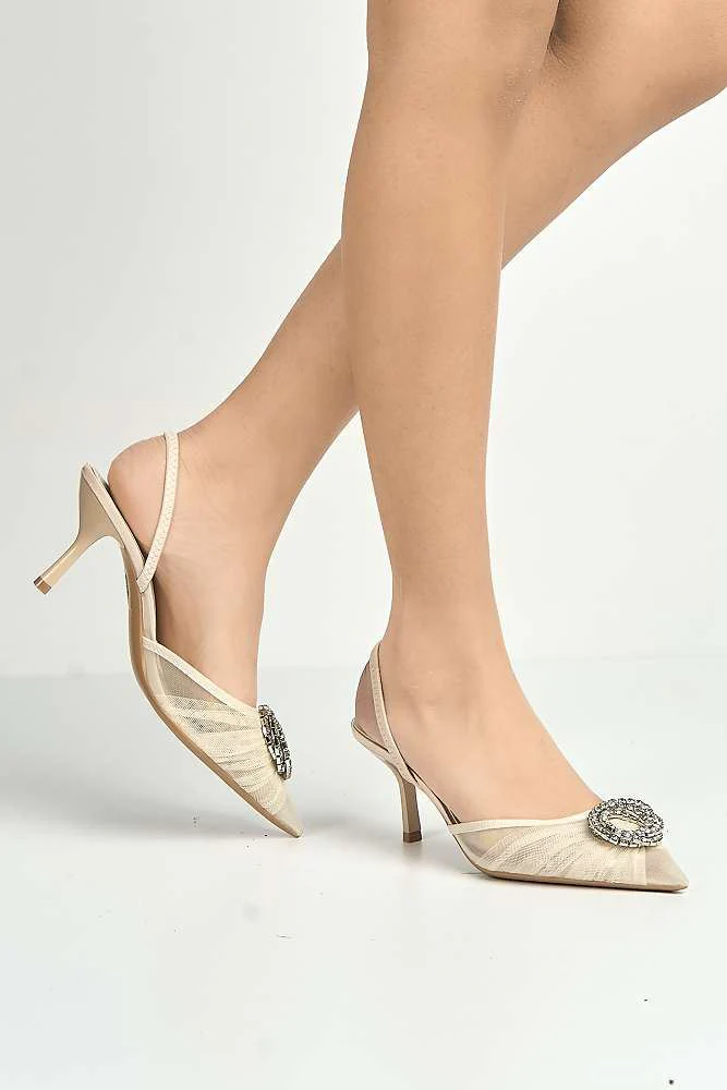 Rosetta Diamante Brooch Mesh Pointed Toe Court Slingback Heels in Beige - Image 2