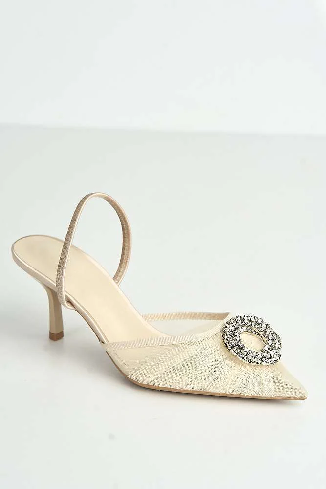 Rosetta Diamante Brooch Mesh Pointed Toe Court Slingback Heels in Beige - Image 4