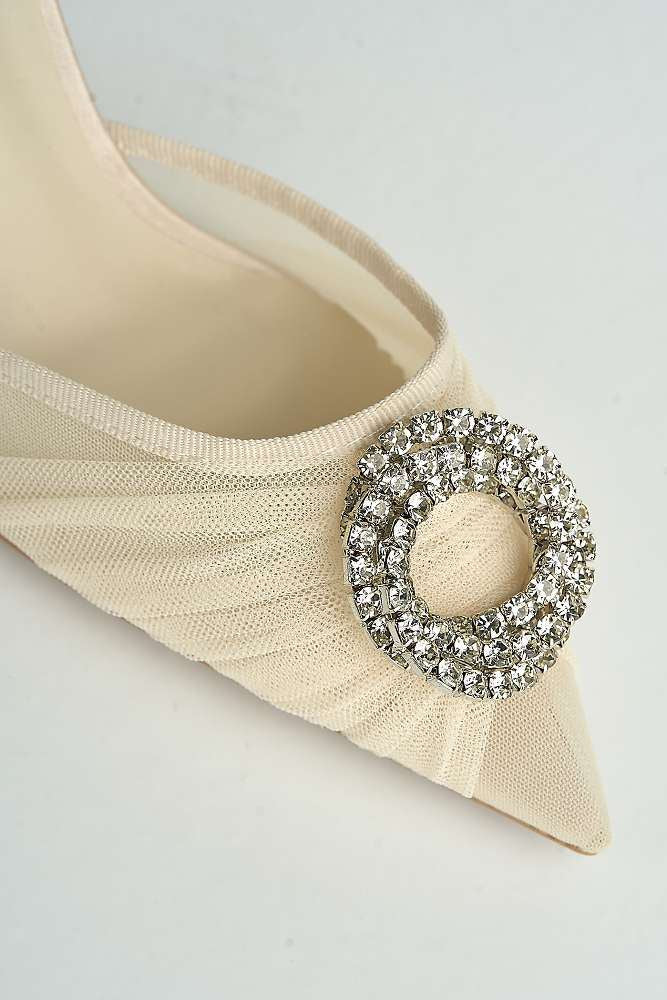Rosetta Diamante Brooch Mesh Pointed Toe Court Slingback Heels in Beige - Image 5