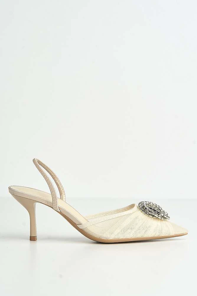 Rosetta Diamante Brooch Mesh Pointed Toe Court Slingback Heels in Beige - Image 6